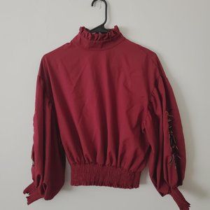 Burgandy High Neck Lantern Sleeve Blouse with Embroidery